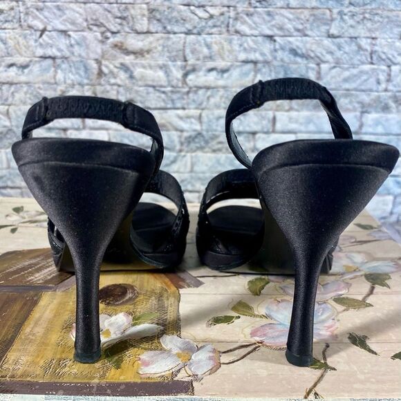 Nina Black Satin Rhinestone Stilettos Open Toe Evening Wear Womens Size 6 - Picture 5 of 10